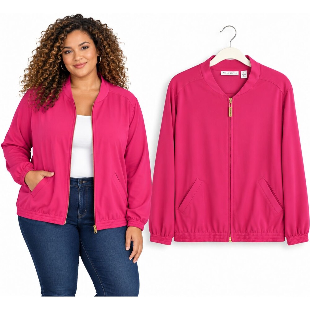 Susan Graver Zip Front Jacket Size 1X Pink Stretch Pockets A252430